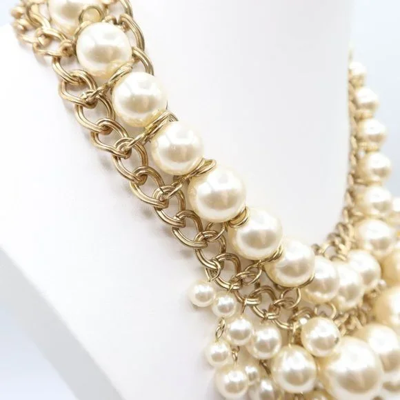CHICOS Ornate Chunky Gold Tone & Faux Pearl Dangle Bauble Statement Necklace - Picture 4 of 10